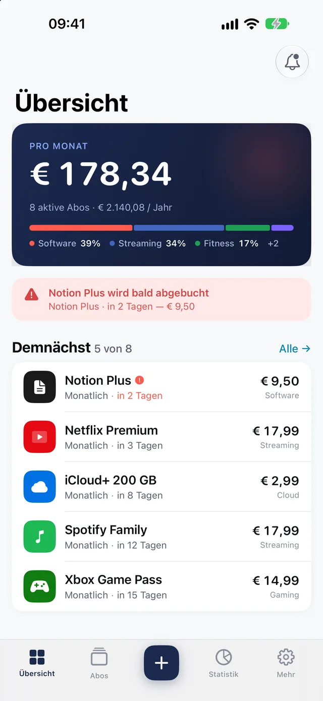 Aboscan-Übersicht mit Monatssumme und nächsten Abbuchungen